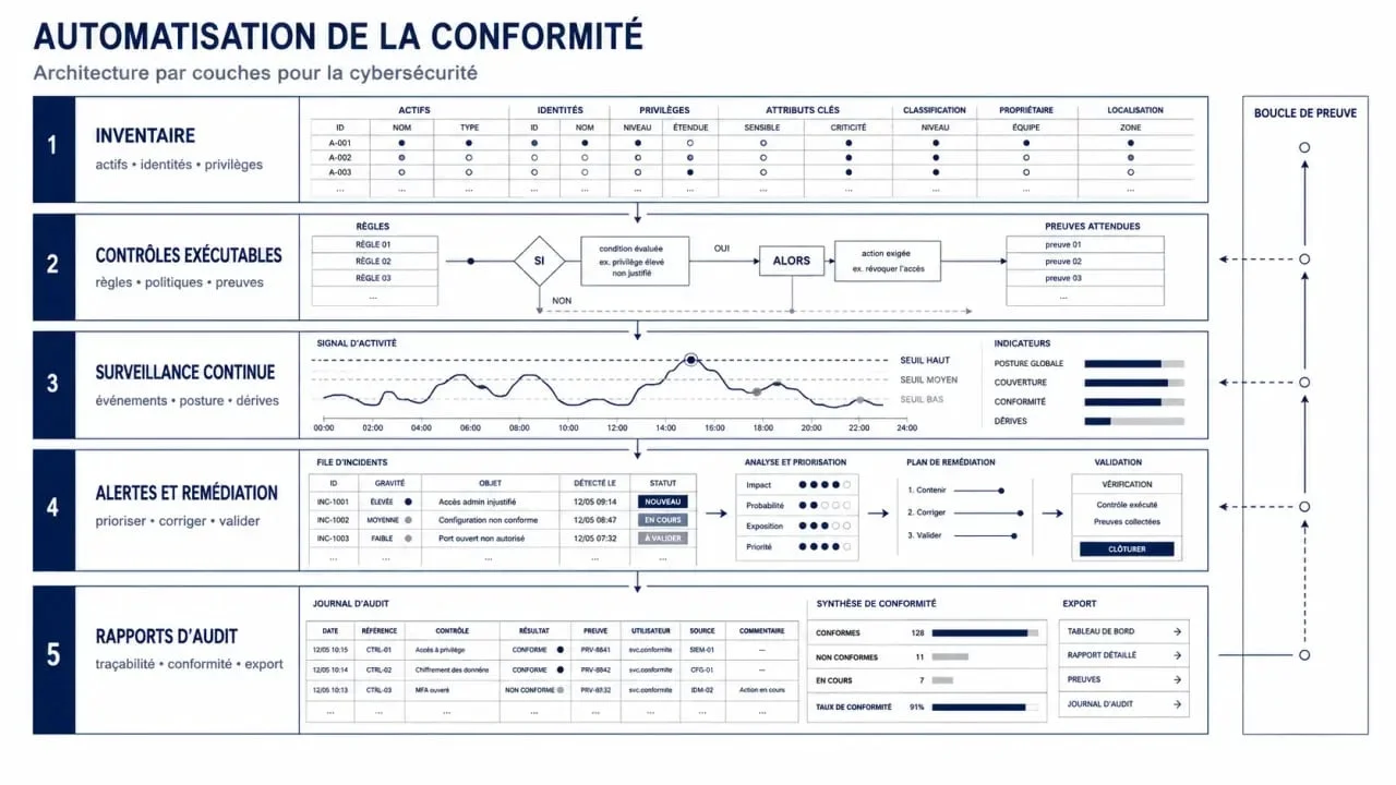 Automatizacion cumplimiento ciberseguridad con arquitectura por capas de inventario, controles, monitorización, alertas y reporte