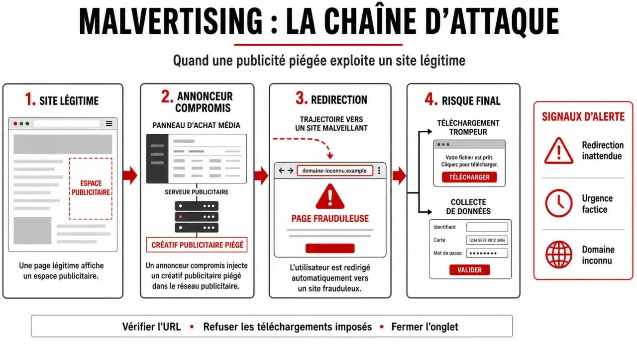 Schéma du malvertising montrant une redirection publicitaire malveillante et ses signaux d’alerte