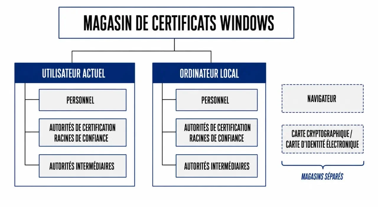 Dónde se guardan los certificados digitales en el ordenador en Windows, esquema del almacén de certificados