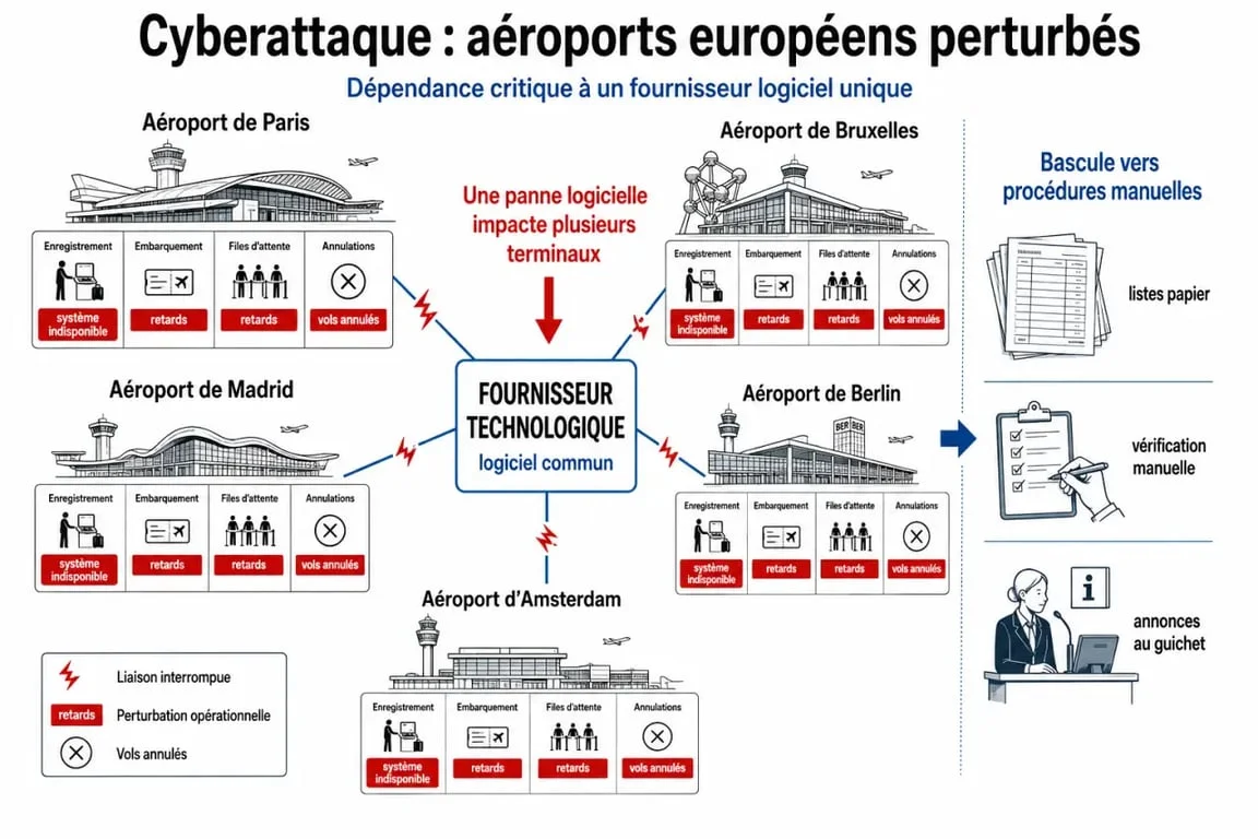 Ciberataque aeropuertos europeos: esquema editorial de dependencias entre proveedor, sistemas de facturación y aeropuertos afectados