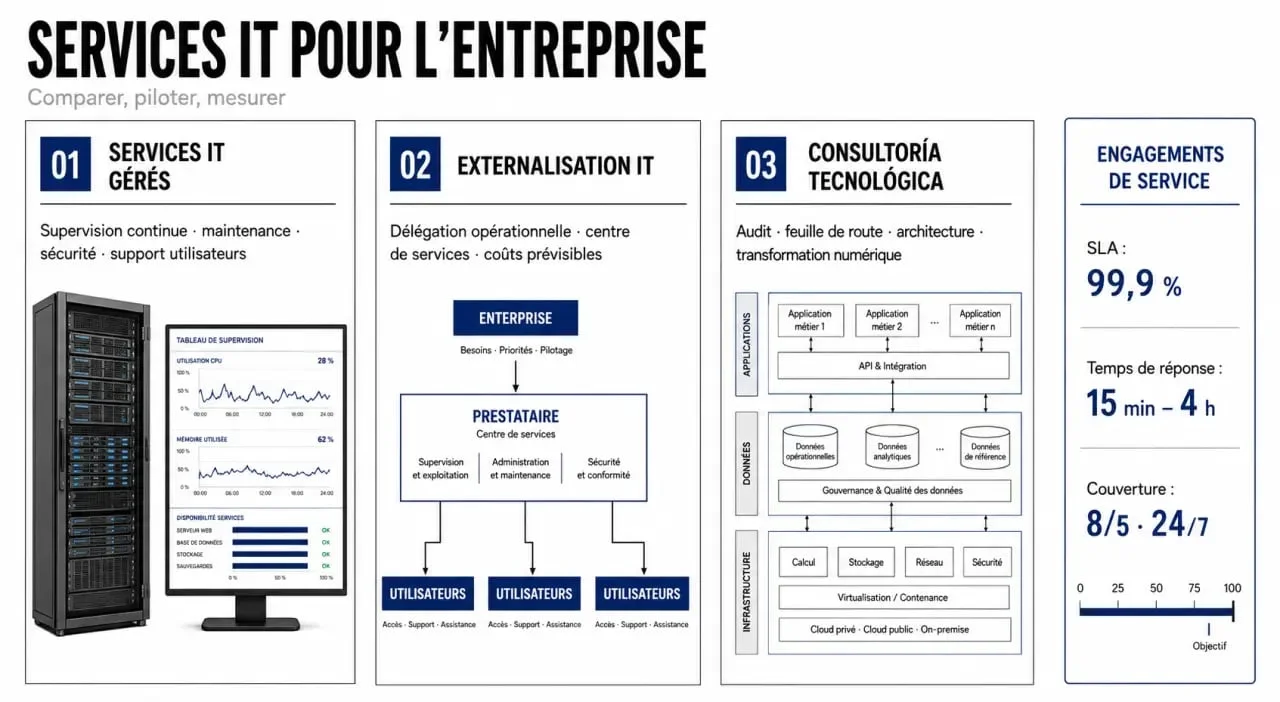 Servicios IT : comparativa visual entre servicios gestionados, externalización IT y consultoría tecnológica