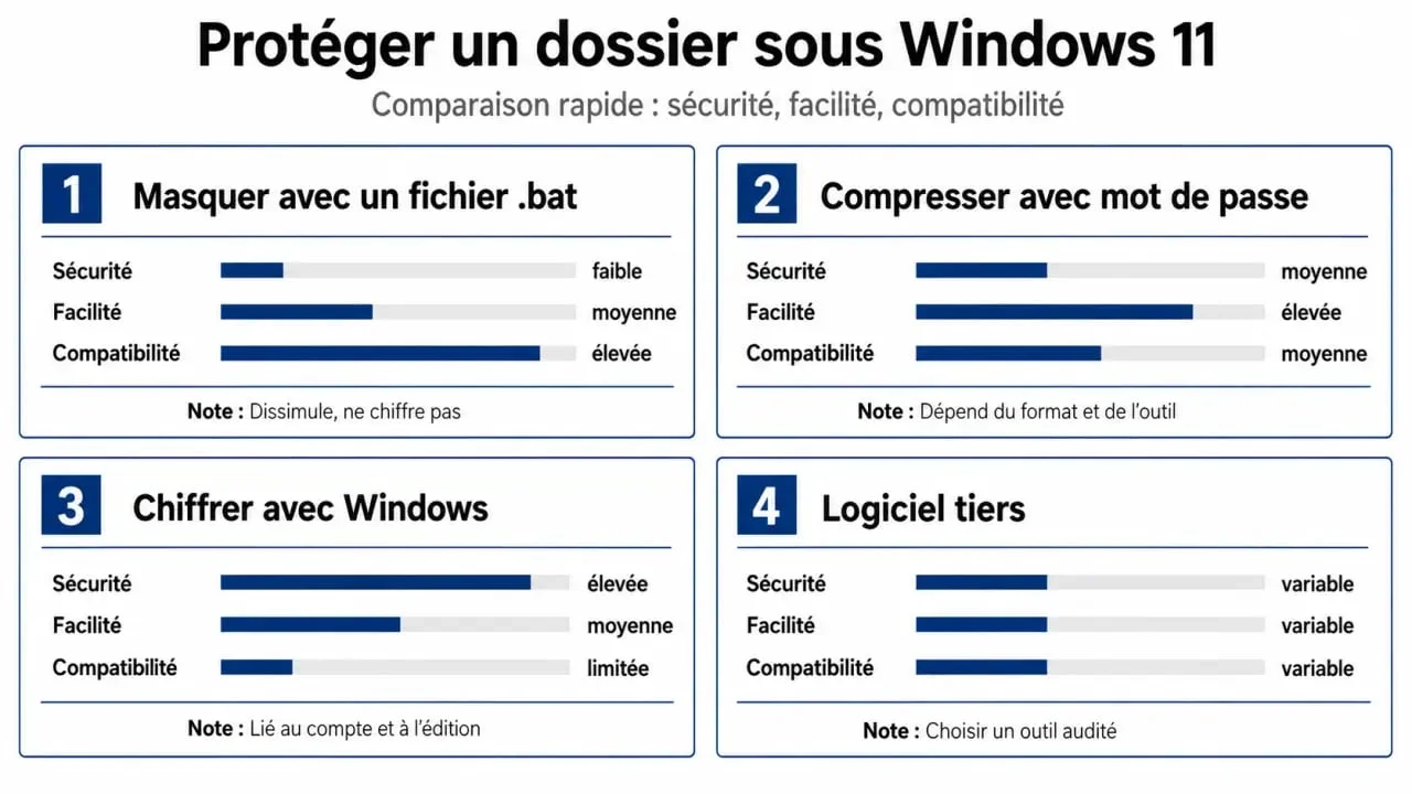 Proteger carpetas con contraseña Windows 11: comparación visual de métodos, seguridad y compatibilidad