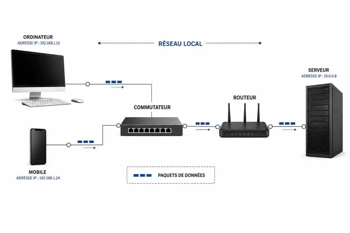 Esquema de redes informaticas con nodos, router, switch, IP y flujo de datos