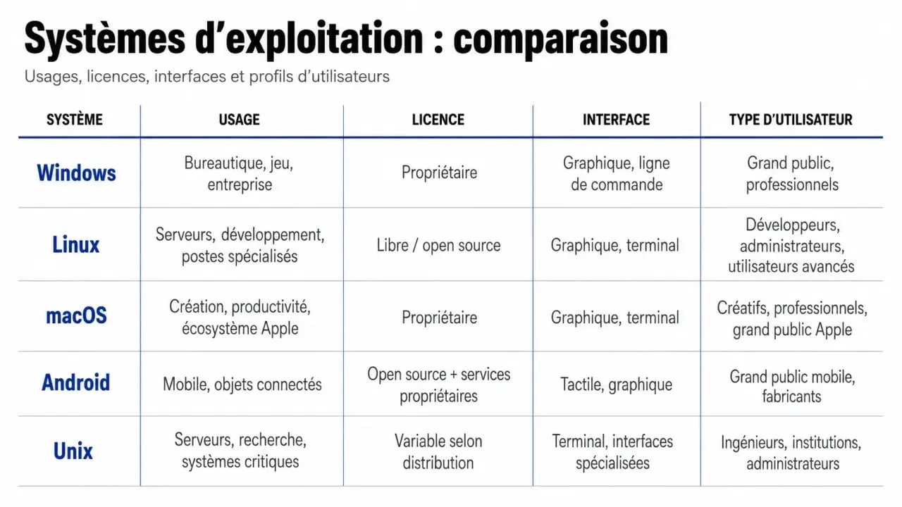 Ejemplo sistemas operativos comparados en una tabla visual con Windows, Linux, macOS, Android y Unix