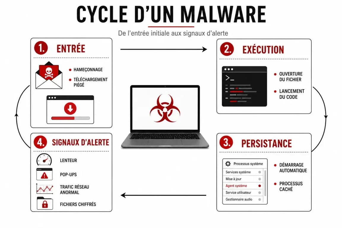 Que es un malware : schéma du cycle d’infection et des signes d’alerte
