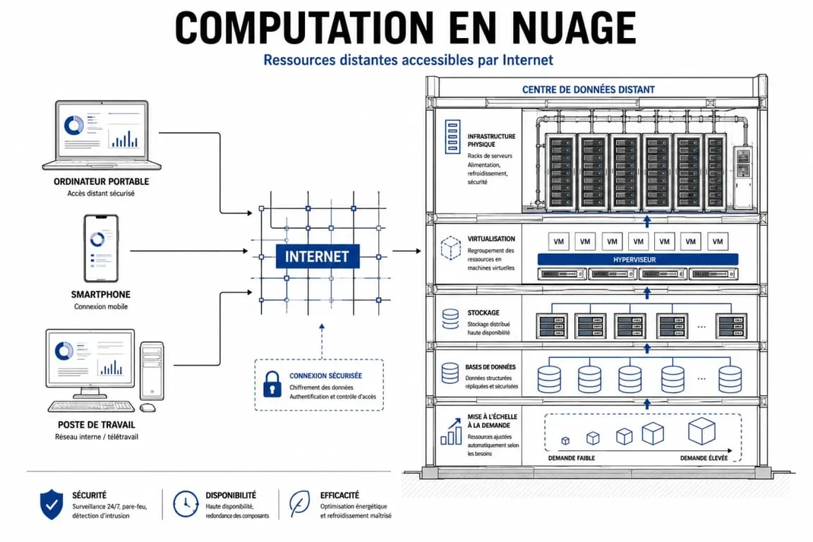 Cloud computing que significa explicado con un esquema de servidores remotos, virtualización y acceso por Internet