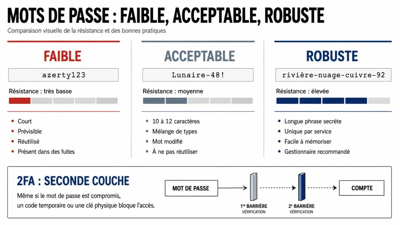 Refuerza tus contraseñas: ejemplo visual de contraseña débil, aceptable y robusta con 2FA