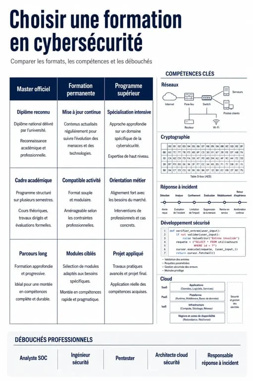 Máster en ciberseguridad comparado en una composición editorial con tipos de programa, competencias y salidas profesionales