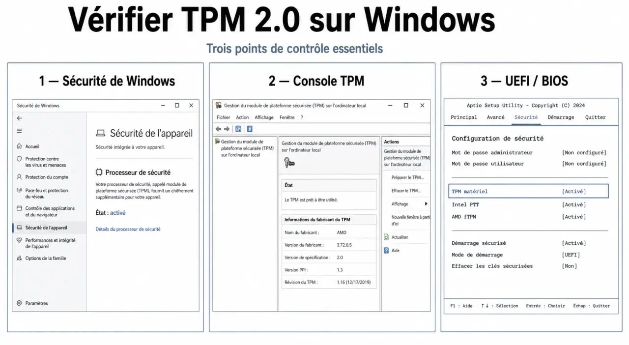 TPM 2.0 sur Windows 11 : vérification dans Sécurité de Windows, tpm.msc et activation dans l’UEFI/BIOS