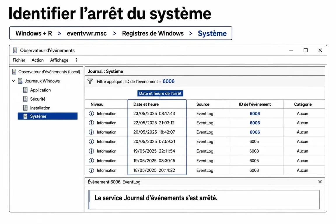 Illustration de como ver log de por que se apaga ordenador dans le Visor d’événements Windows avec filtre ID 6006