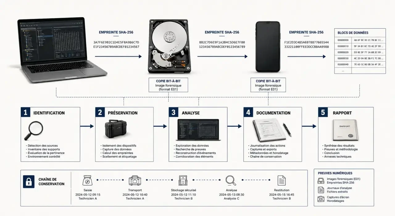 Informática forense : schéma des étapes d’identification, préservation, analyse et rapport