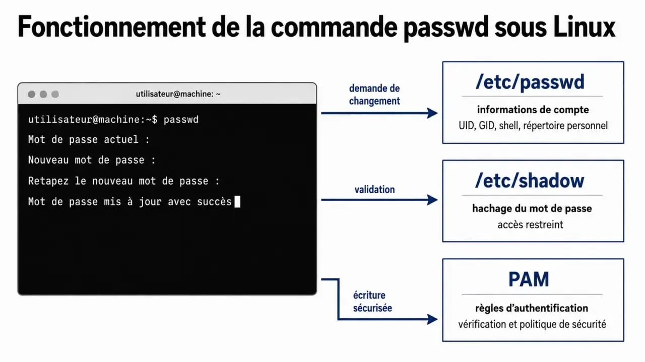 Schéma du fonctionnement de passwd sur Linux entre terminal, /etc/passwd, /etc/shadow et PAM