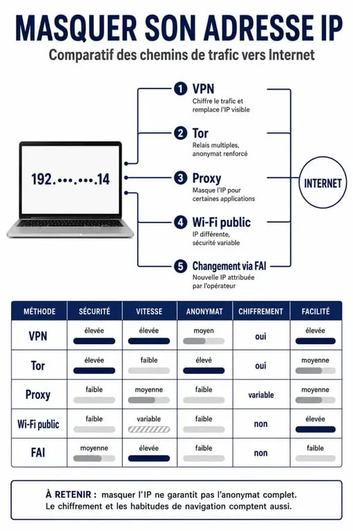 Ocultar ip: comparación visual entre VPN, Tor, proxy, WiFi público y cambio de IP con el ISP