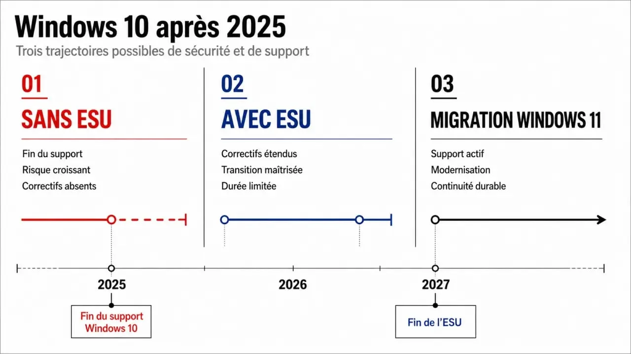 Windows 10 ESU : comparaison entre Windows 10 sans ESU, Windows 10 avec ESU et migration vers Windows 11